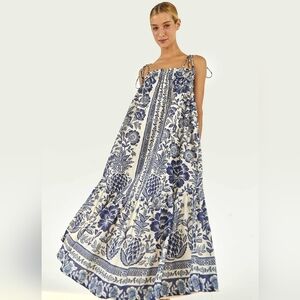 Farm Rio Blue Pineapple Garden Tie Shoulder Sundress, NWT, S